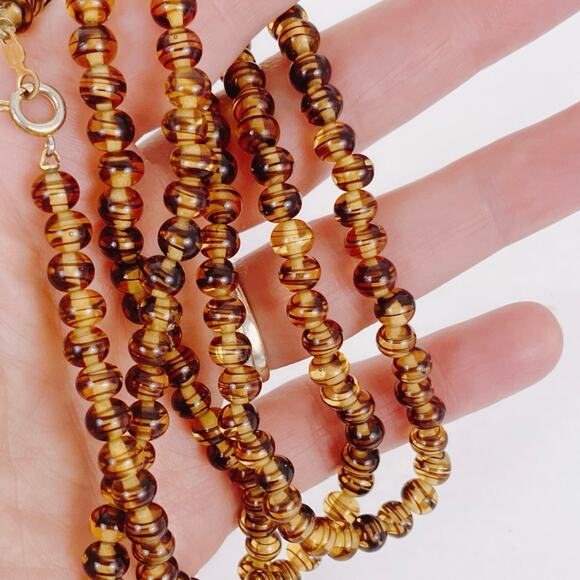 VTG Signed Vogue 50s 60s Striped Warm Amber Glass Bead Necklace 30" Matinee MCM - Picture 5 of 10
